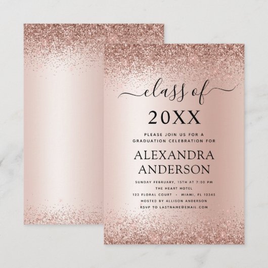 2022 Graduation Party Glitter Roos Gold Blush Pink Kaart (Voorkant / Achterkant)