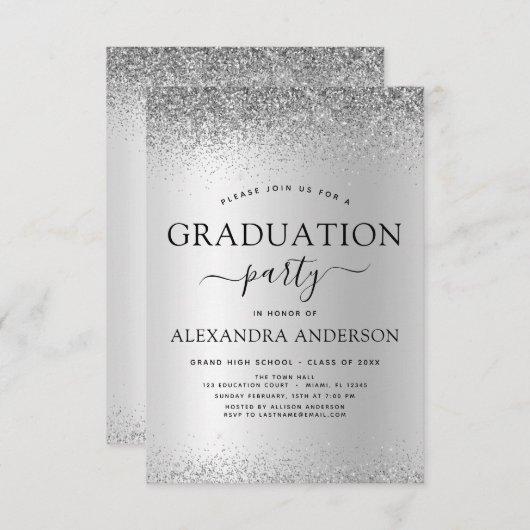 2022 Graduation Party Glitter Silver Black Kaart (Voorkant / Achterkant)