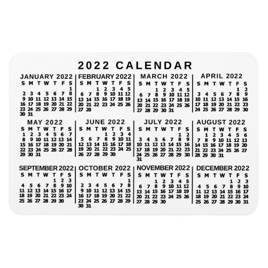 2022 Jaar Maandelijkse Kalender Klassieke Wit en Z Magneet (Horizontaal)