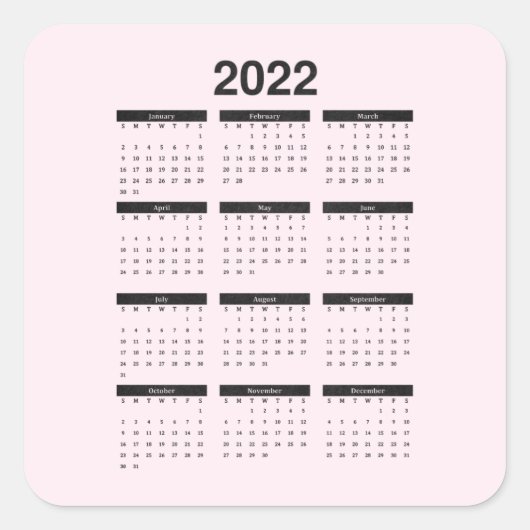 2022 Jaarlijkse kalender op Bleke roze pleister Vierkante Sticker (Voorkant)