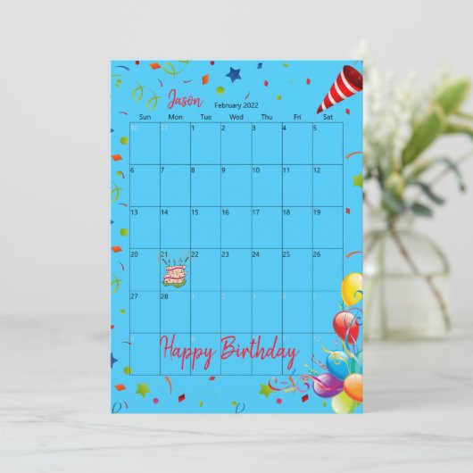 2022 Kalender Februari Gelukkige Verjaardag Uitnod Kaart (Staand voorkant)