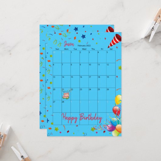 2022 Kalender Februari Gelukkige Verjaardag Uitnod Kaart (Voorkant / Achterkant in situ)