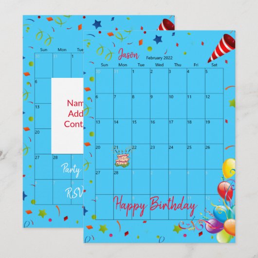2022 Kalender Februari Gelukkige Verjaardag Uitnod Kaart (Voorkant / Achterkant)