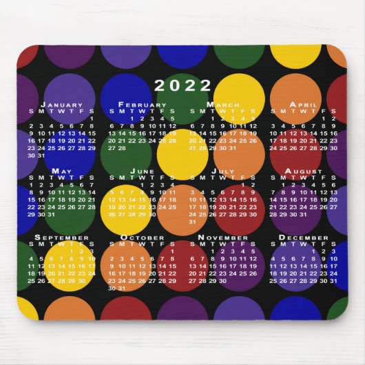 2022 Kalender LGBTQ Rainbow Polka Dots on Black Muismat (Voorkant)