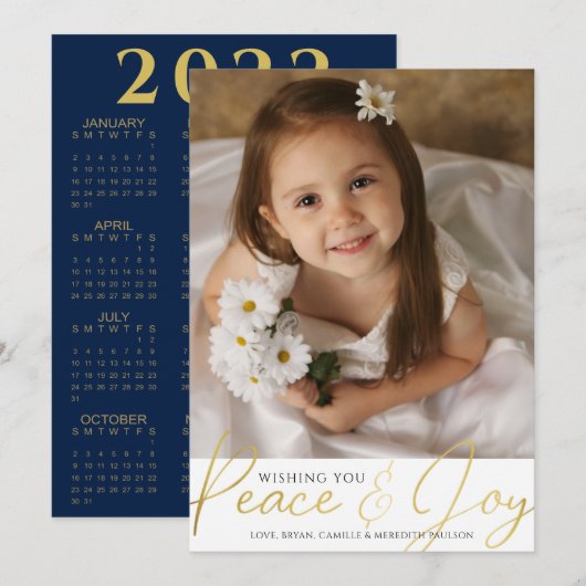 2022 Kalender PEACE EN JOY Gold Script Photo Holi Feestdagenkaart (Voorkant / Achterkant)