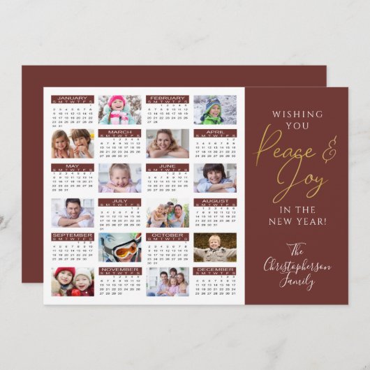 2022 Kalender Script PEACE EN JOY Photo Collage Feestdagenkaart (Voorkant / Achterkant)