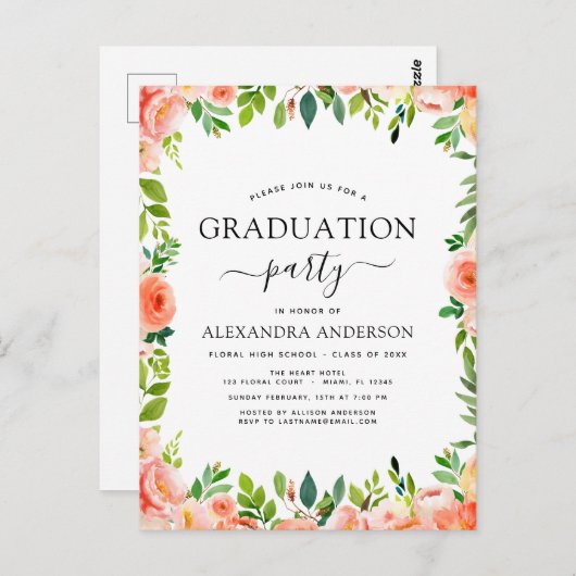 2022 Koraal Peach Floral Greenery Afstuderen Invit Briefkaart (Voorkant / Achterkant)