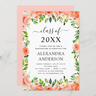 2022 Koraal Peach Floral Greenery Afstuderen Invit Kaart