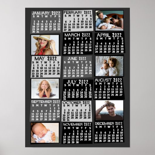 2022 Maandelijkse kalender Foto Collage Mod Black Poster (Voorkant)