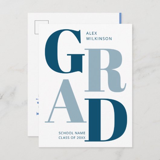 2022 Modern Blue Trendy Typography Guy Afstuderen Uitnodiging Briefkaart (Voorkant / Achterkant)