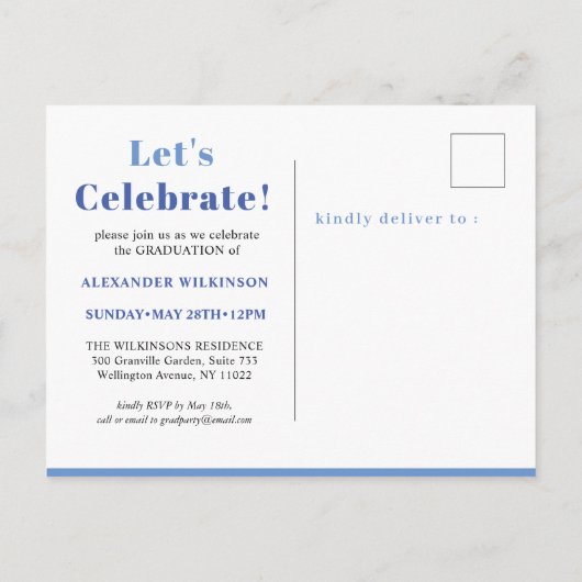 2022 Modern Blue Trendy Typography Guy Afstuderen Uitnodiging Briefkaart (Achterkant)