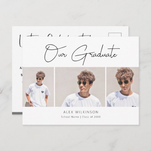 2022 Modern minimalistisch script 3 Foto Afstudere Uitnodiging Briefkaart (Voorkant / Achterkant)