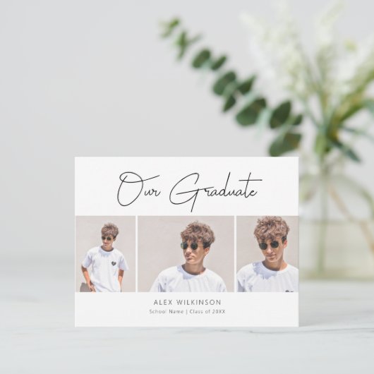 2022 Modern minimalistisch script 3 Foto Afstudere Uitnodiging Briefkaart (Staand voorkant)
