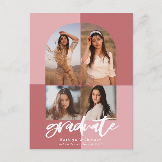 2022 Moderne Roos Roze Arch Multi Photo Afstudeerd Uitnodiging Briefkaart (Voorkant)