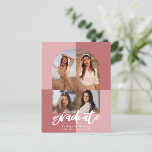2022 Moderne Roos Roze Arch Multi Photo Afstudeerd Uitnodiging Briefkaart (Staand voorkant)