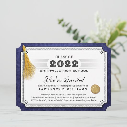 2022 Navy Blue Diploma Gold Tassel Afstuderen IV Kaart (Staand voorkant)