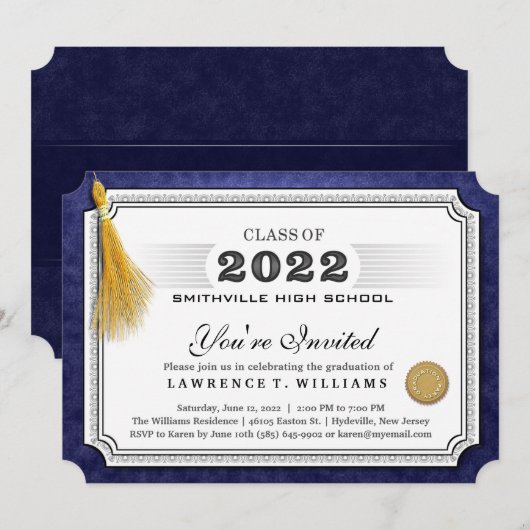 2022 Navy Blue Diploma Gold Tassel Afstuderen IV Kaart (Voorkant / Achterkant)