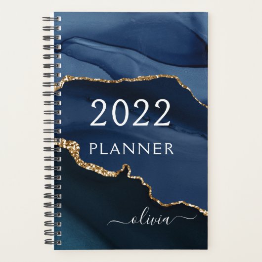 2022 Navy Blue Gold Agate Geode Script Monogram Planner (Voorkant)