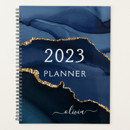 2022 Navy Blue Gold Agate Geode Script Monogram Planner