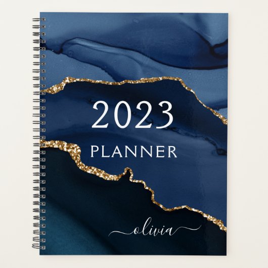 2022 Navy Blue Gold Agate Geode Script Monogram Planner (Voorkant)