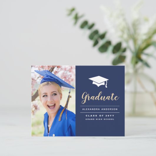 2022 Navy Blue Gold Photo Afstuderen Briefkaart (Staand voorkant)
