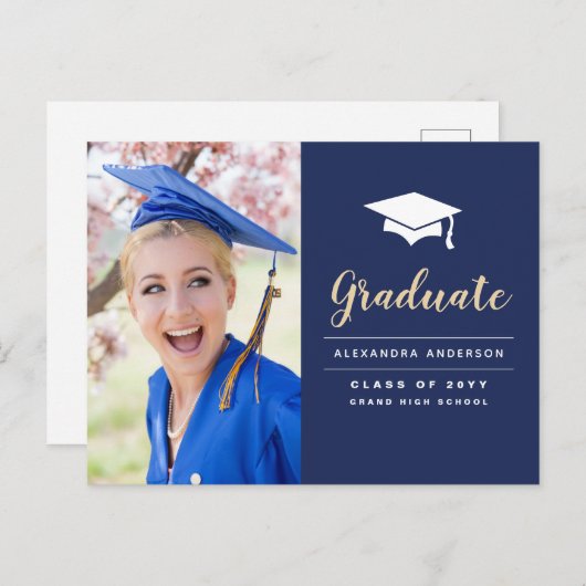 2022 Navy Blue Gold Photo Afstuderen Briefkaart (Voorkant / Achterkant)
