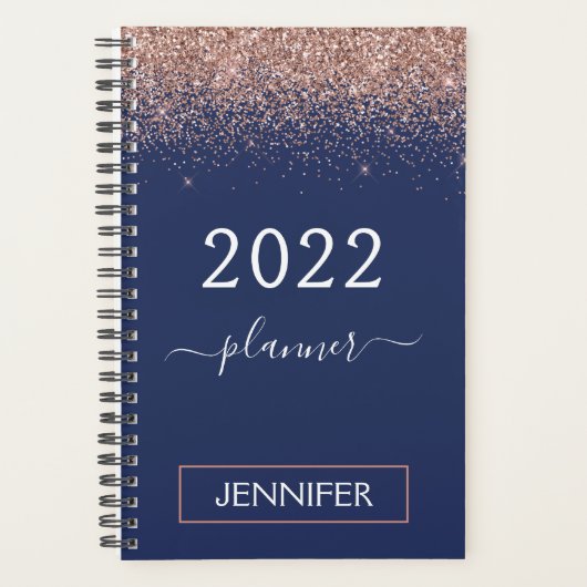2022 Navyblauw Monogram Glitter Roze Roségoud Planner (Voorkant)