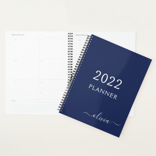 2022 Navyblauw Witte Meisjesachtige Script Monogra Planner (Display)