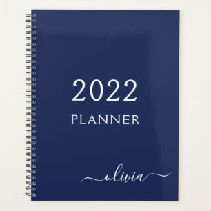 2022 Navyblauw Witte Meisjesachtige Script Monogra Planner