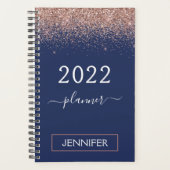 2022 Navyblauwe Monogram Glitter Roze Roségoud Planner (Voorkant)