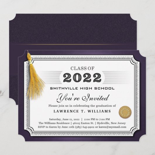 2022 Paarse Gold Tassel Diploma Afstudeerder Parti Kaart (Voorkant / Achterkant)