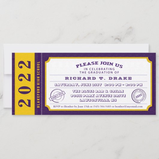 2022 Paarse & Gold Ticket Graduation Party Invite Kaart (Voorkant)