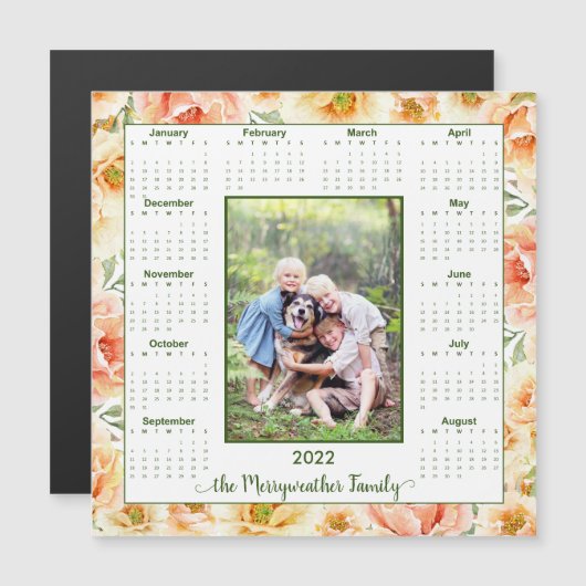 2022 Peach Floral Photo Magnetic Calendar (Voorkant / Achterkant)