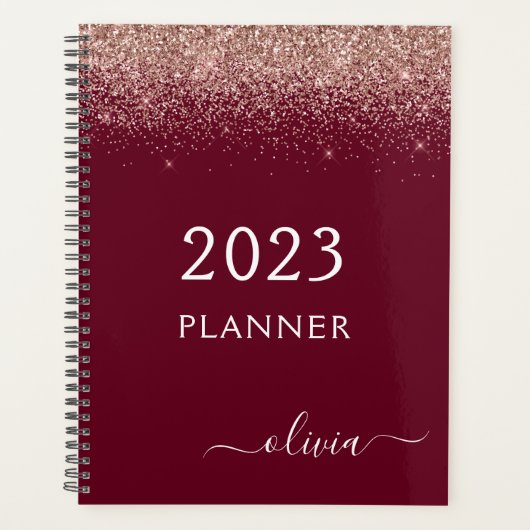 2022 Roos Gold Pink Burgundy Glitter Monogram Planner (Voorkant)