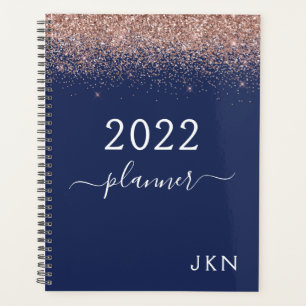 2022 Roos Gold Pink Navy Blue Glitter Monogram Planner