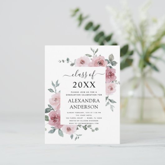 2022 Roos Roze Afstuderen Floral Uitnodiging (Staand voorkant)
