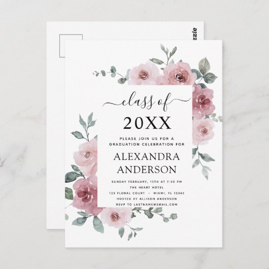 2022 Roos Roze Afstuderen Floral Uitnodiging (Voorkant / Achterkant)