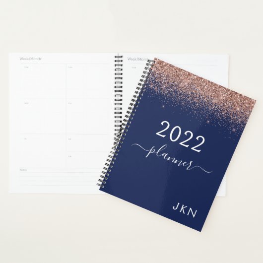 2022 Rose Goud Roze Navy Blauw Glitter Monogram Planner (Display)