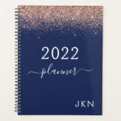 2022 Rose Goud Roze Navy Blauw Glitter Monogram Planner (Voorkant)