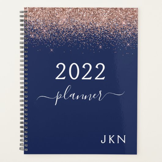 2022 Rose Goud Roze Navy Blauw Glitter Monogram Planner (Voorkant)
