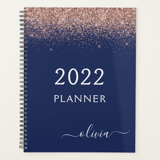2022 Rose Goud Roze Navyblauw Glitter Monogram Planner (Voorkant)