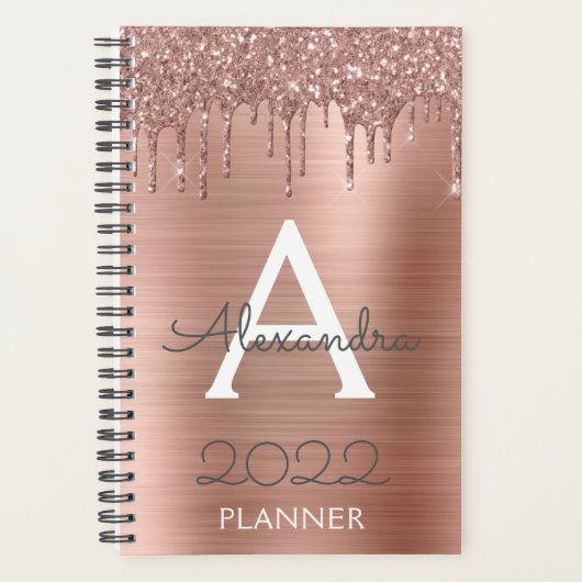 2022 Roze Goud Blush Roze Glitter Glans Monogram Planner (Voorkant)