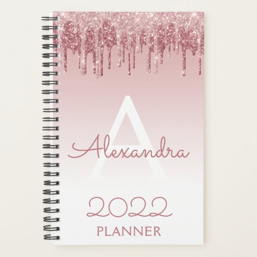 2022 Roze Goud Blush Roze Glitter Glans Monogram Planner (Voorkant)