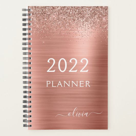 2022 Roze Goud Blush Roze Glitter Monogram Planner (Voorkant)