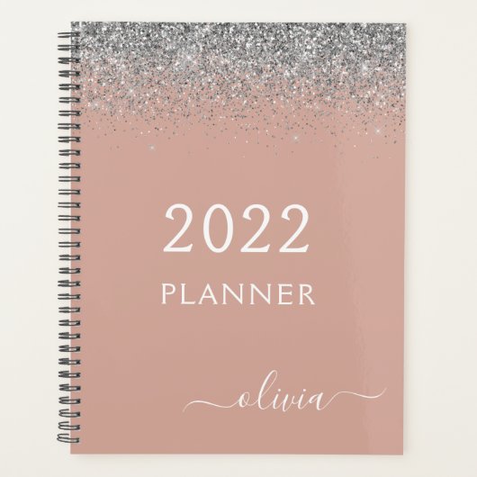 2022 Roze Goud Blush Roze Zilver Glitter Monogram Planner (Voorkant)