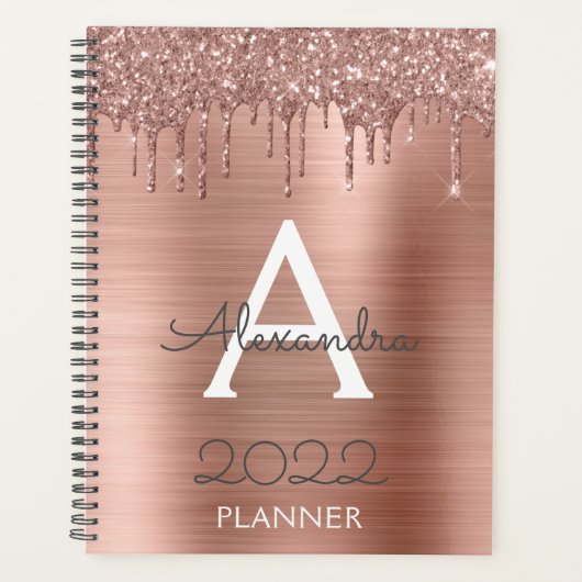 2022 Roze Goud Roze Glitter Glans Monogram Planner (Voorkant)