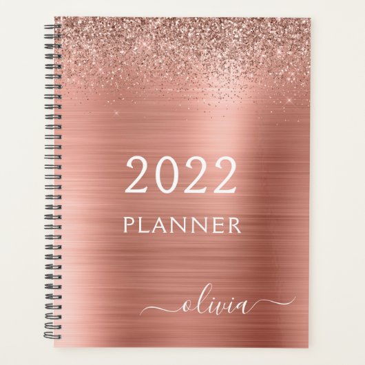 2022 Roze Goud Roze Glitter Monogram Planner (Voorkant)