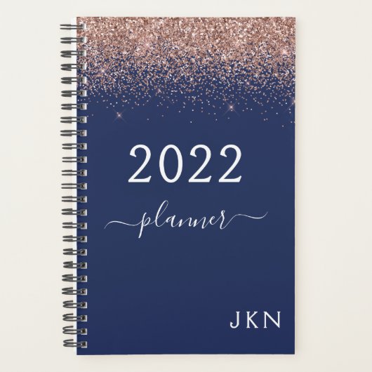 2022 Roze Goud Roze Marineblauw Glitter Monogram Planner (Voorkant)