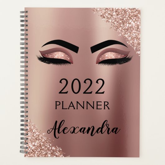 2022 Roze Goud Roze Monogram Glitter Wimpers Planner (Voorkant)
