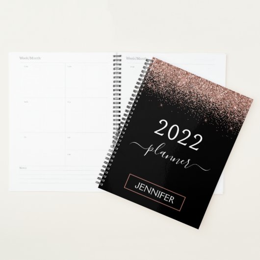 2022 Roze Goud Roze Roze en Zwarte Glitter Monogra Planner (Display)